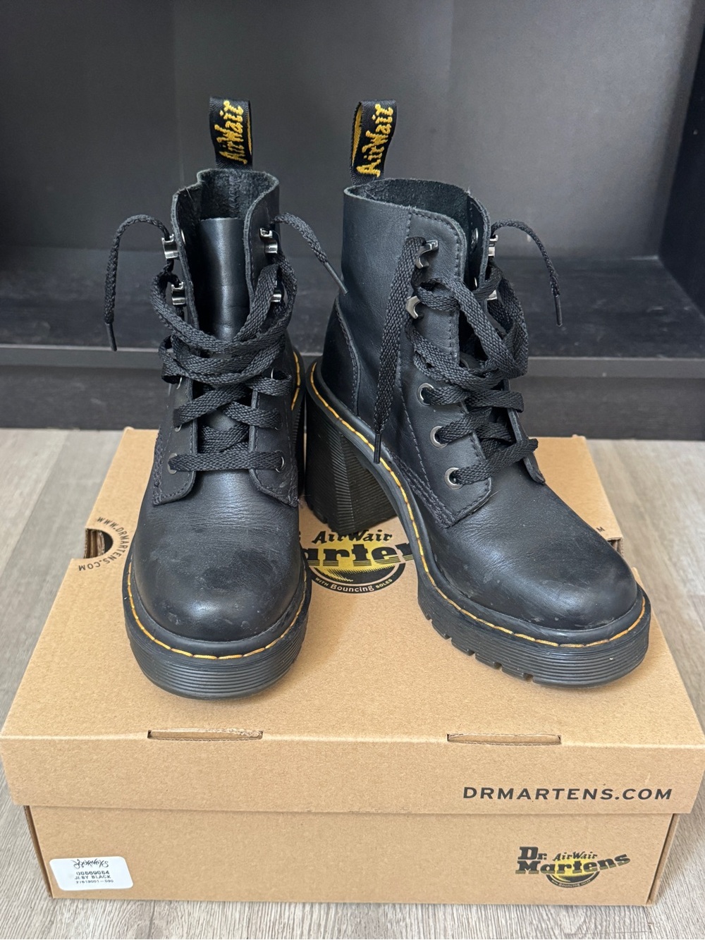 Dr. Martens Black Leather Platform Lace-Up Heeled Boots